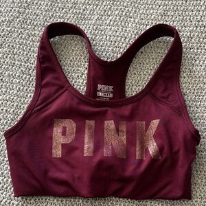 PINK Victoria's Secret Intimate Maroon Sports Bra with gold glitter print